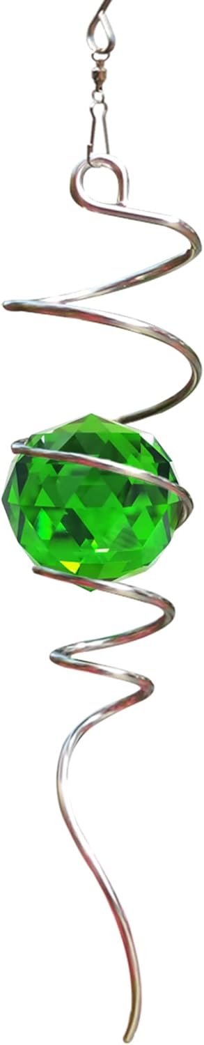 Fonmy Gazing Ball Spiral Tail -Decorative Wind Spinner Sun Catcher Rainbow Maker 11 inch Tail and 2 inch Green Crystal Orb. Indoor Outdoor Garden Decoration -13 inch Height