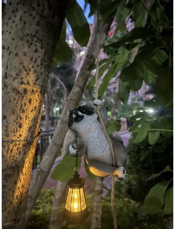 Raccoon Garden Decor Outdoor Statues Resin Climbing Twine with LED Light Waterproof Hanging Animal Figurine for Garden Wall Balcony Tree Decoration Gift