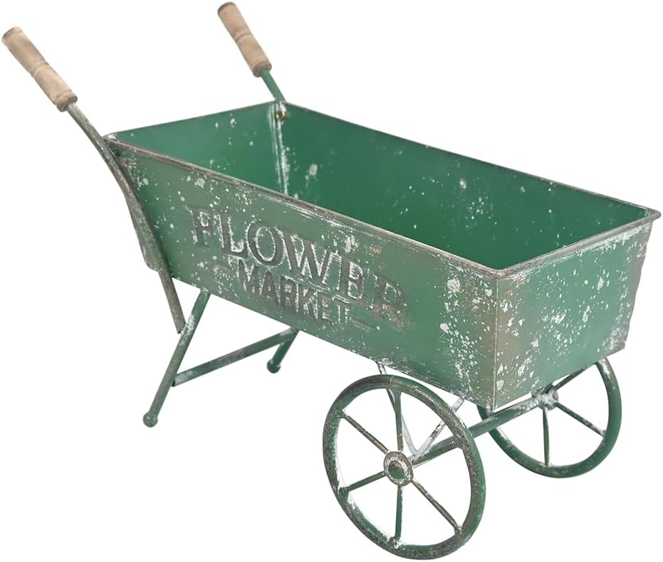 15 Inch Farmhouse Small Flower Cart with Wooden Handles Metal Wagon Planters for Outdoor Plants Decorative Wheelbarrow Plant Cart for Patio Garden Balcony Green