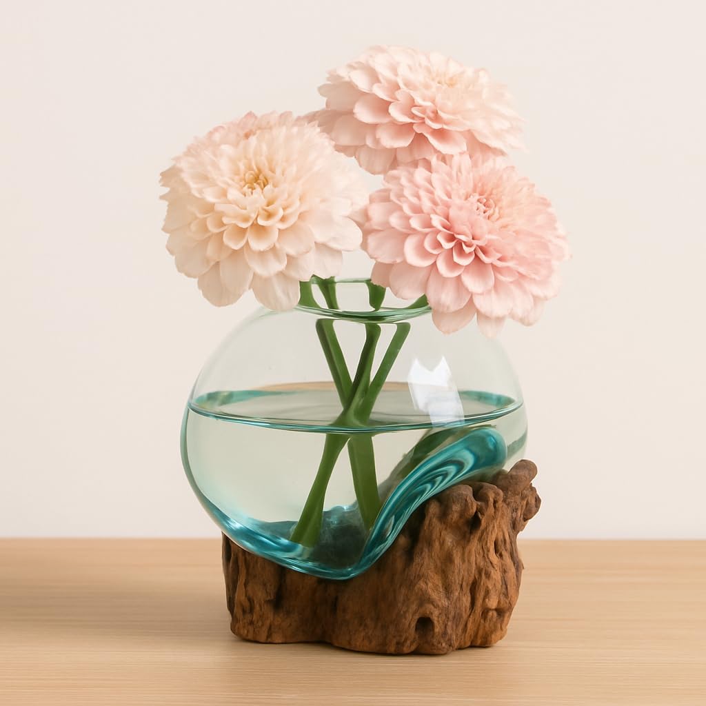 Cape Craftsmen 7" H Hand-Blown Blue Tinted Bubble Glass On Natural Teak Driftwood Terrarium | Home Décor Indoor Planter with Stand | Pot for Succulent and Plants