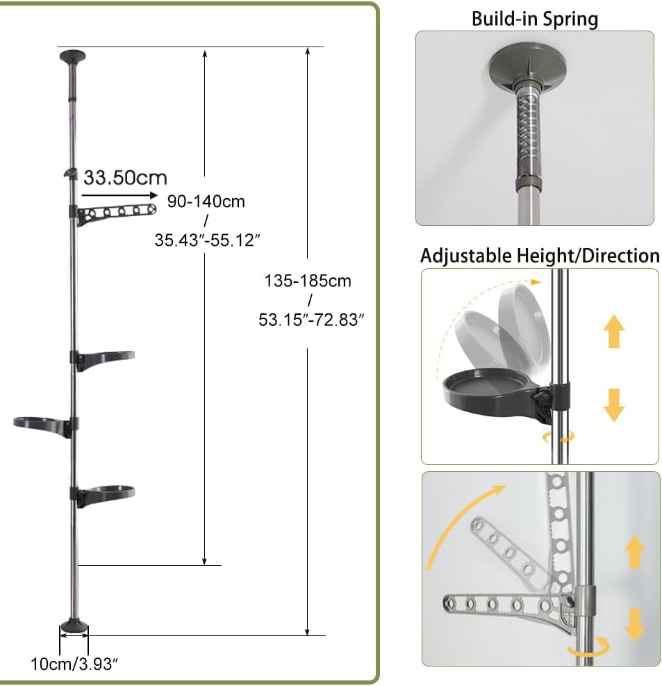 Hershii Indoor Plant Stand Pole Tension Rod Corner Standing Shelf Adjustable Flower Pots Holder Display Rack with 1 Hook & 3 Trays - Grey