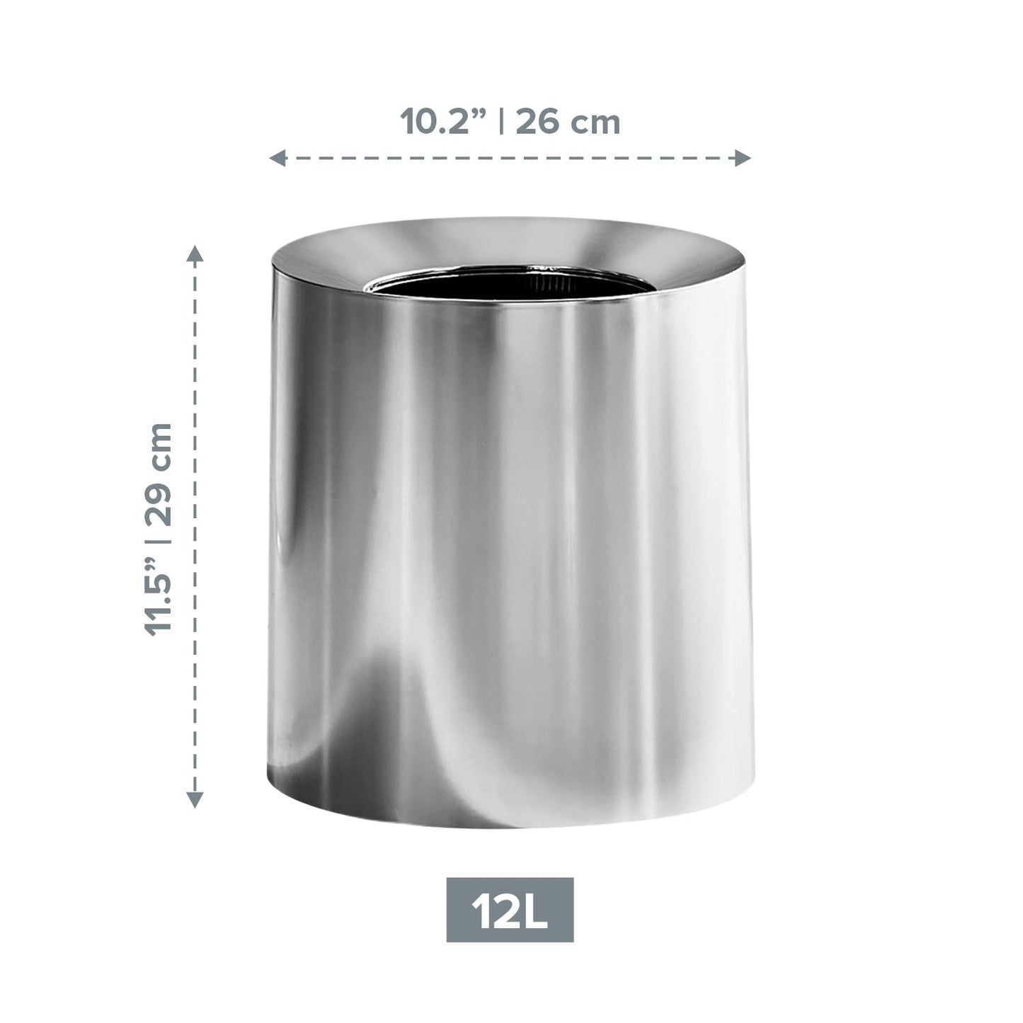Modern Polished Stainless Steel Design Garbage Can - 12L I 3.2-Gallon Spill-Proof Trash Basket - Indoor Outdoor Waste Bin w/Removable Trash Bin Liner with Wide Rim