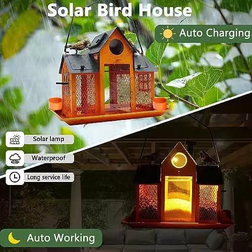 Solar Bird Feeders House for Outside Hanging, Metal Wild Bird Feeder for Outdoors, Large Cardinal Bird Feeder Birdhouses Orange