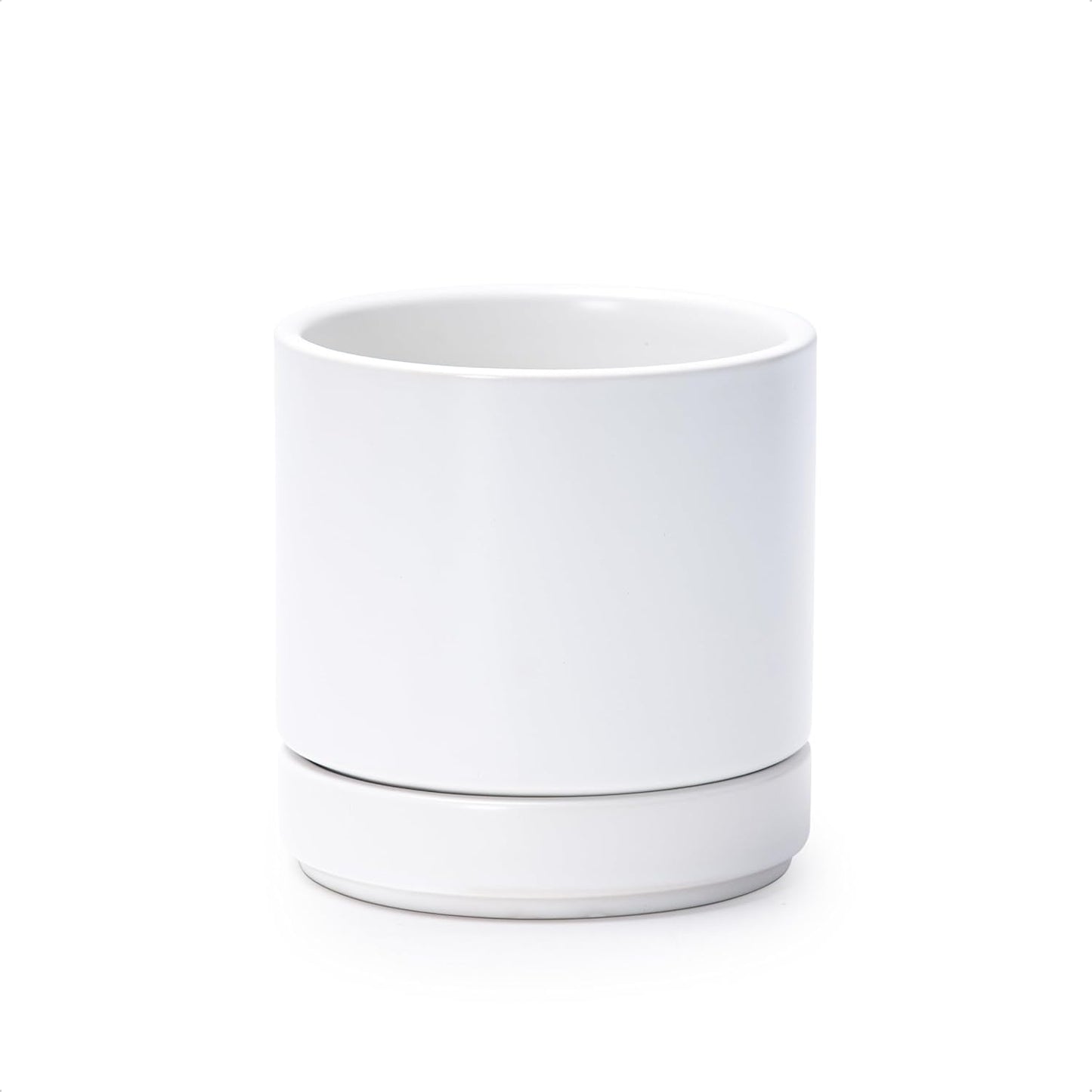 D'vine Dev 4.7 Inch Ceramic Planter Pot with Drainage Hole and Saucer, Indoor Cylinder Round Planter Pot, White, 94-O-B-1