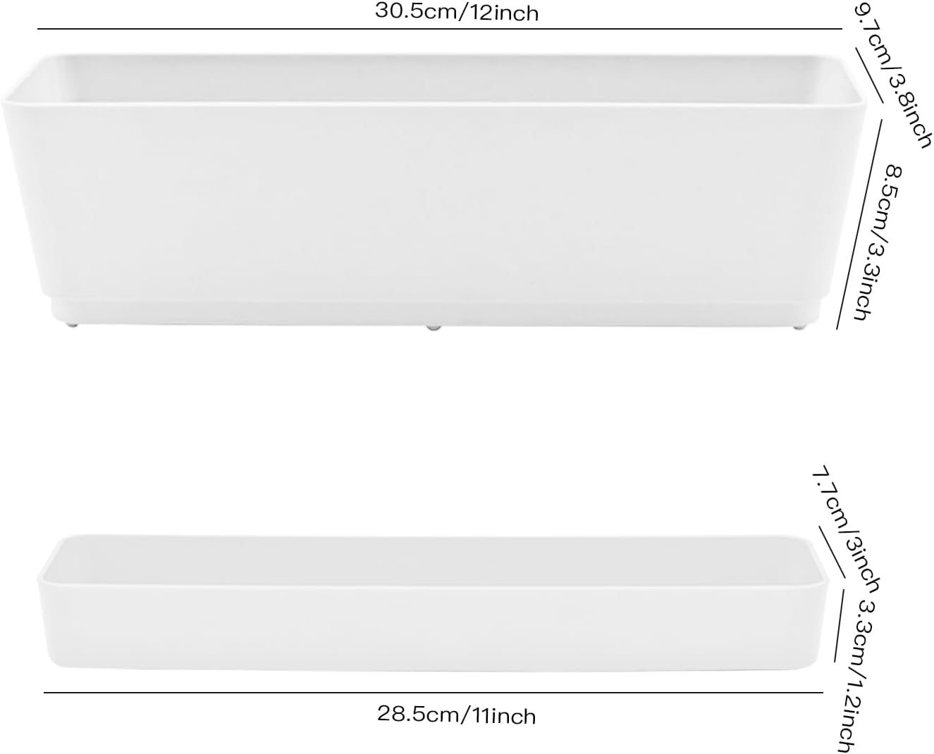 Lainrrew 3 Pack Window Box Planters, 12 Inches Rectangular Planter Plastic Flower Box Plant Pots Plant Containers with Tray for Balcony, Windowsill, Garden, Home Office Outdoor Decoration, White