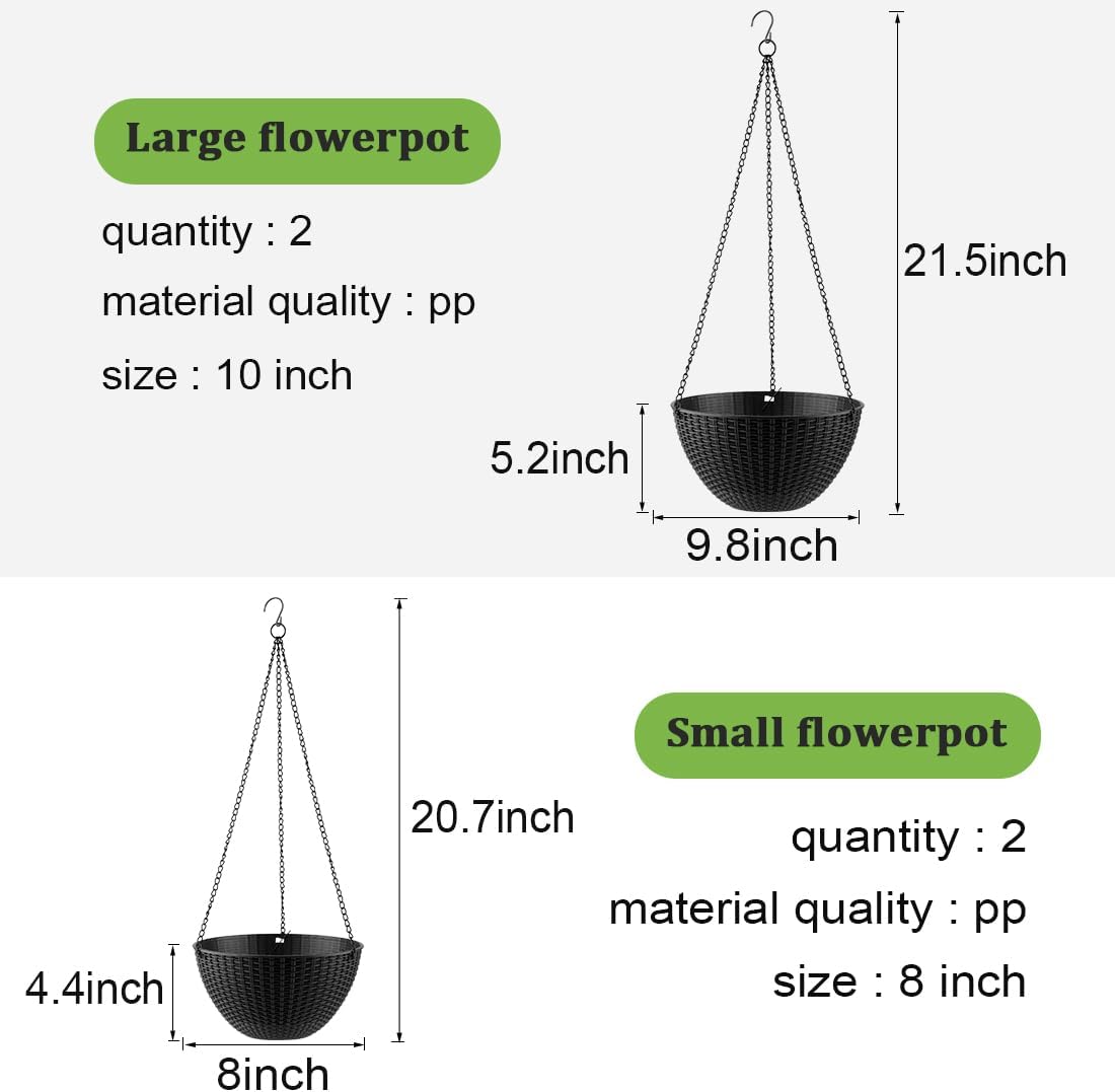 Hanging Planters for Indoor Outdoor Plants 8 and 10 Inch, 4 Packs Plant Hanger with Drainage Holes, Hanging Basket Flower Pot Perfect for Home, Office and Garden, Black