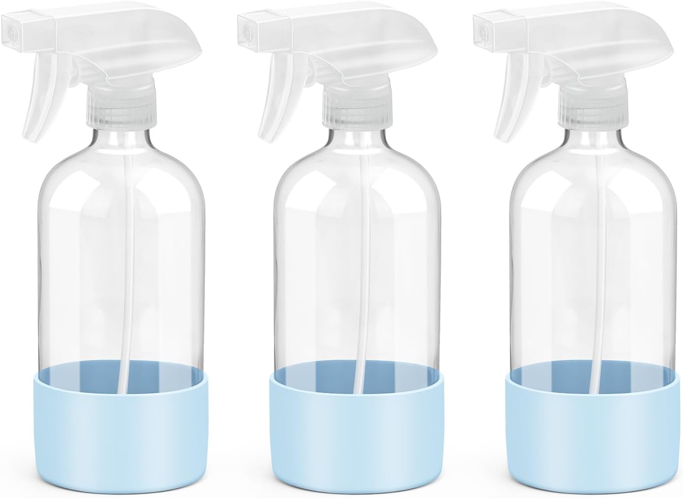 Glass Spray Bottles with Silicone Sleeve Protection, Empty 16 oz Refillable Containers, Reusable Spray Bottles with Adjustable Nozzle for Hair, Cleaning Solutions, 3 Pack Blue
