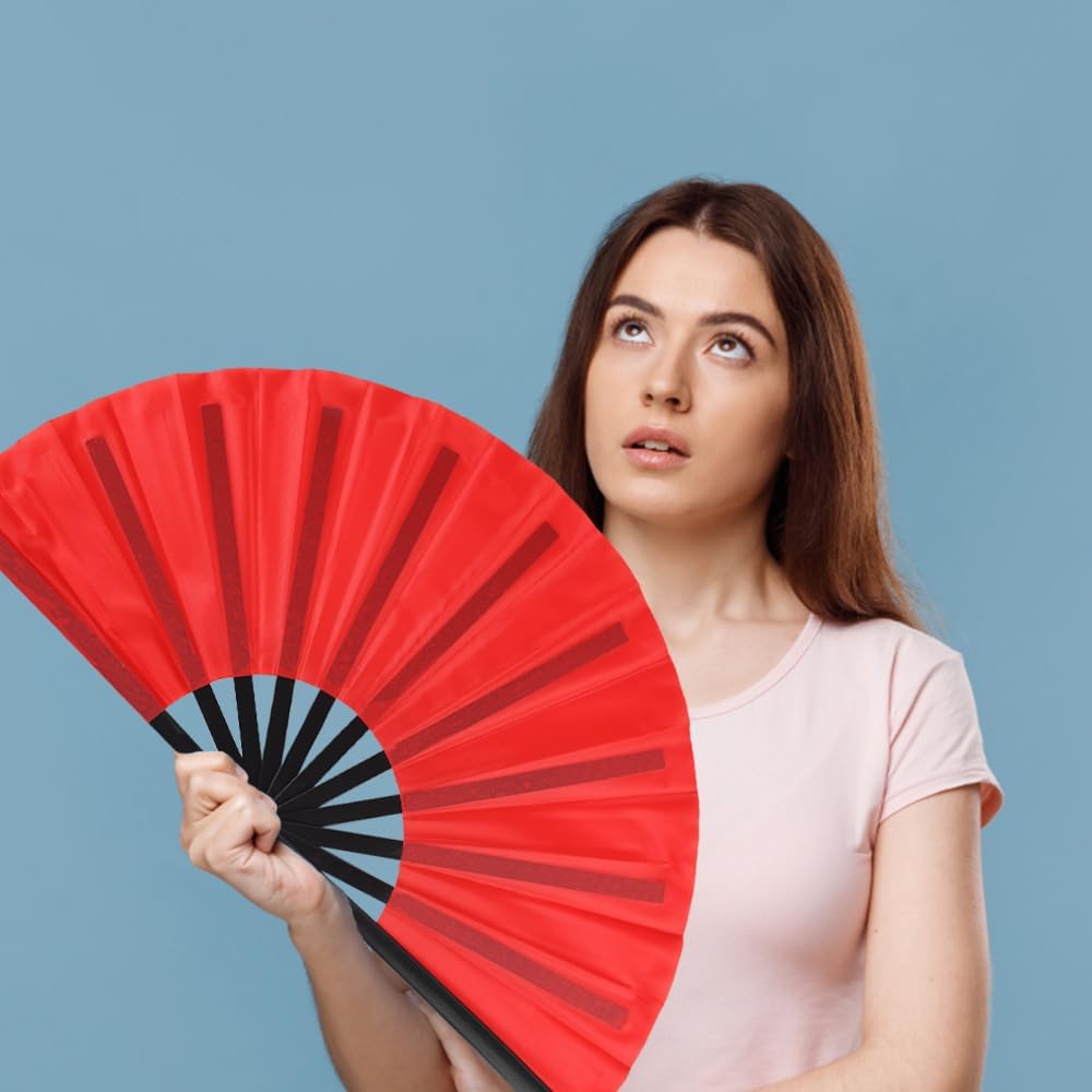 4 Pack Large Folding Hand Fan, Plastic Hand Held Folding Fans Chinese Kung Fu Hand Fan Decorative Folding Fans for Dance, Performance, Festival or Home Decorations(Red)