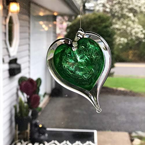 Luke Adams Glass Hanging Hearts – Hand Blown Glass Heart Ornament for Windows or Gifts – Colorful Blown Glass Hearts Decor (May - Emerald)
