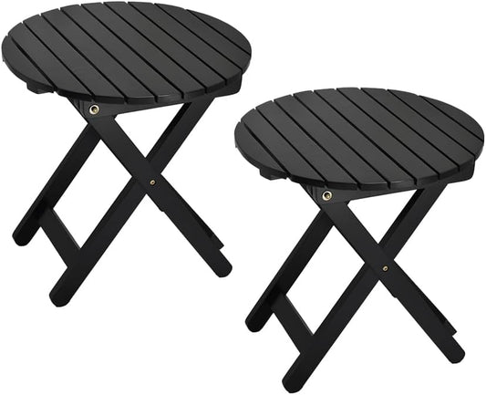 Small Round Folding Side Table Set of 2, Patio Foldable Wooden End Tables for Outdoor Indoor Porch Camping Living Room Bedside Couch, as Coffee Table or Plant Stand, Black