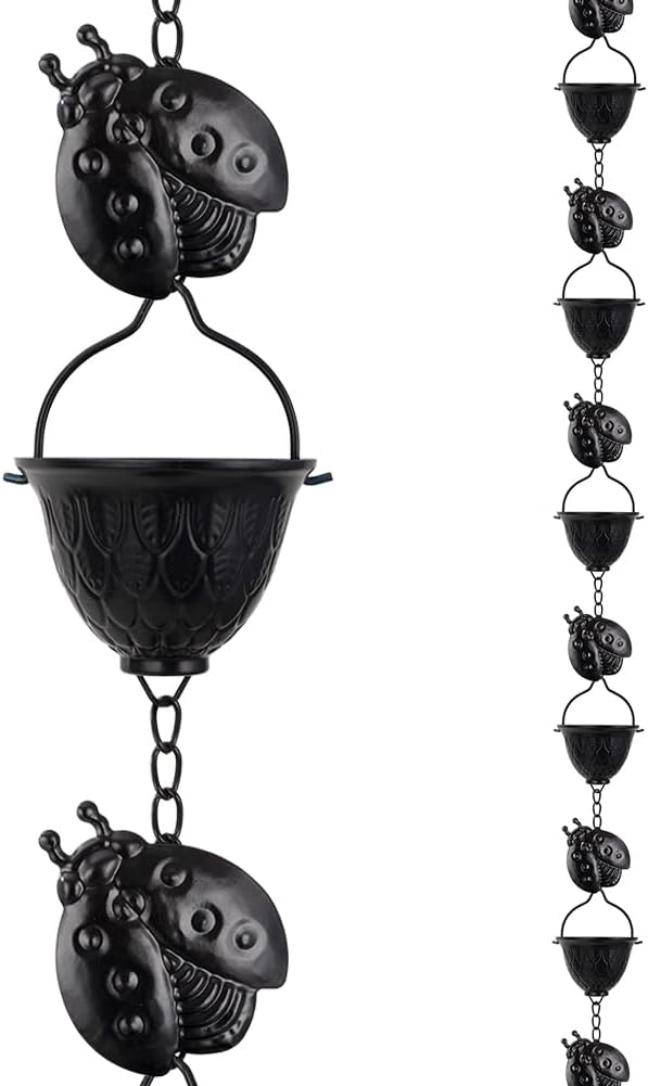 9.2 FT Rain Chain, Black Rain Gutter Chains with 12 Cups & Detachable Ladybugs Decor, Adjustable Rain Catcher Chain for Outddor Decor, Replacement for Downspout