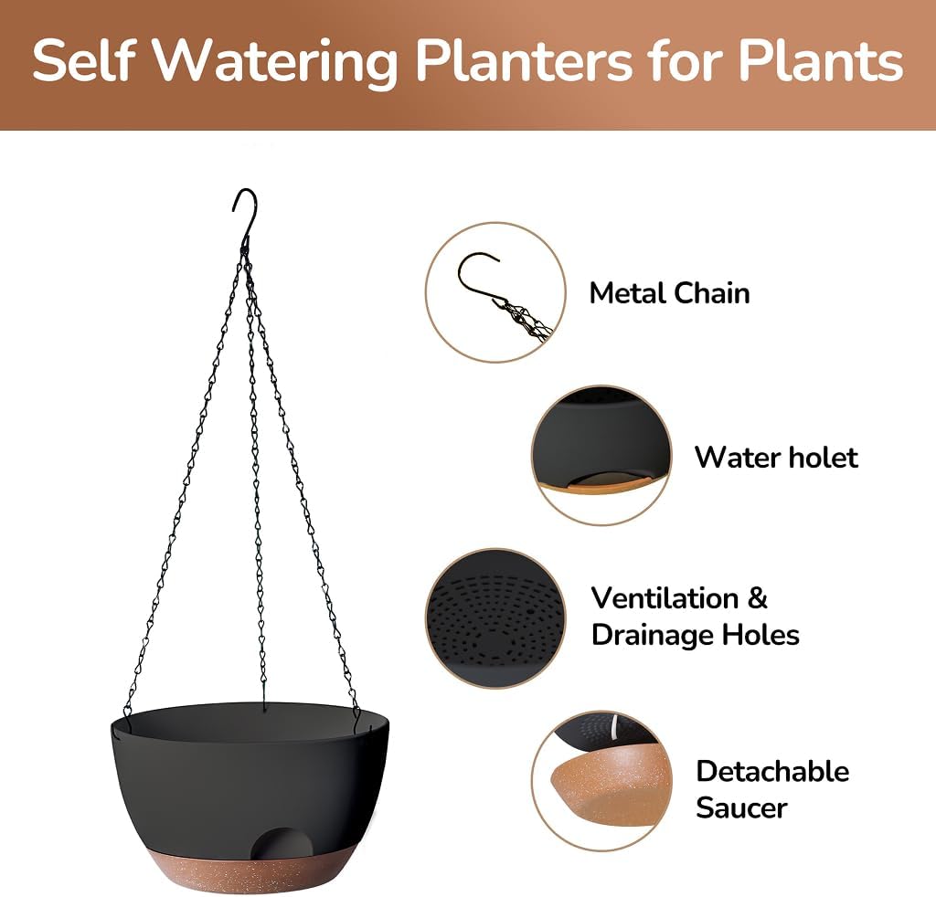 12 Inch Hanging Baskets for Plants Outdoor, Hanging Planters for Indoor Outdoor Plants, Hanging Planter with Self Watering, Hanging Flower Pots (Black)