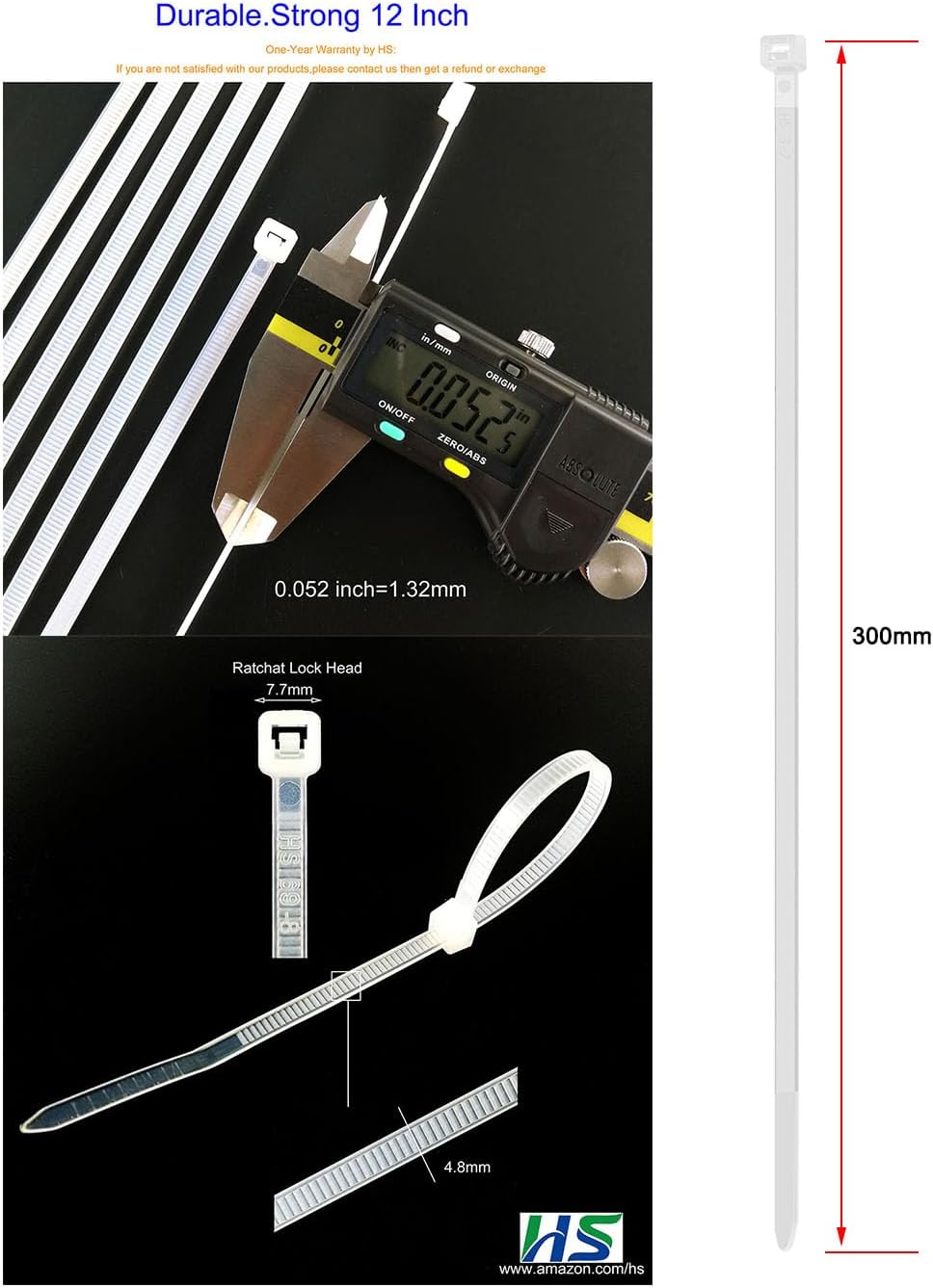 HS Long Zip Ties 12 Inch Clear 0.19" Nylon Cable Ties Heavy Duty 50 Lbs Strength Strong for Privacy Fence Outdoor,Electrical Plastic Tie Straps Weather Resistant 100 Pcs White