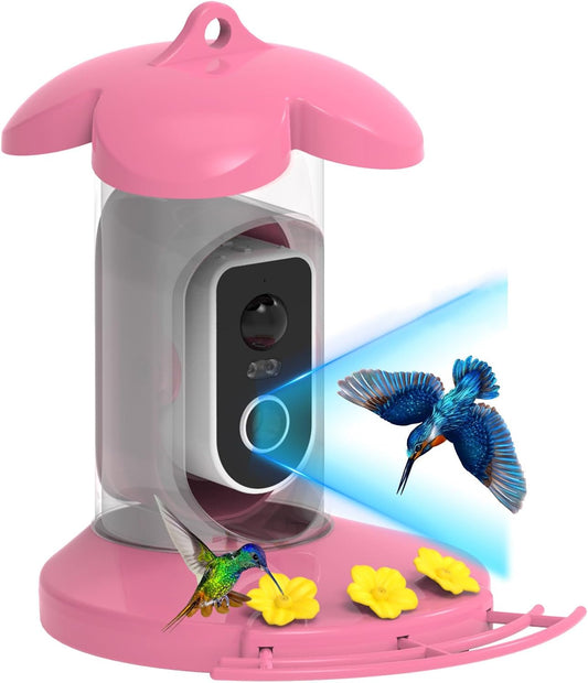 Hummingbird Feeder with Camera for Outdoor - 2K QHD Video, Instant Notifications & AI Bird Species, Ant Moat, Bee Proof, Motion Detection, 2.4G WiFi, Signal Booster, Gift for Bird Lovers Hot Pink