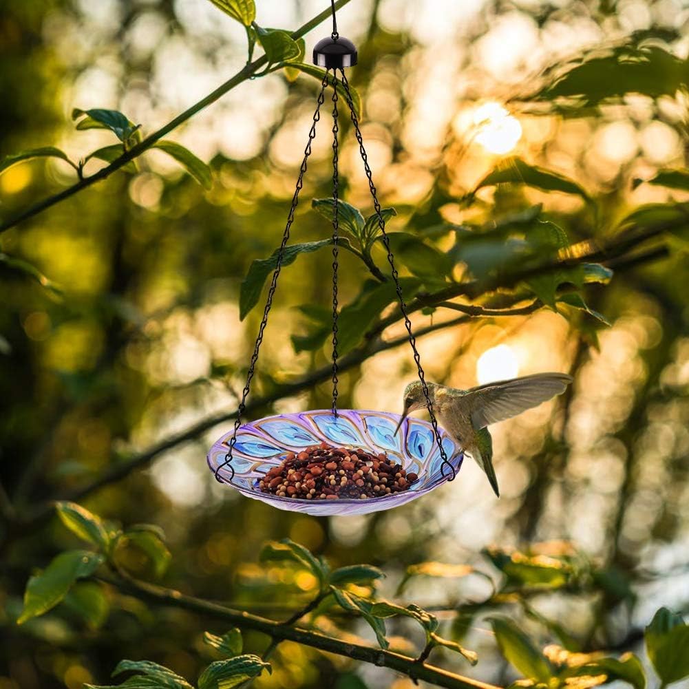 VCUTEKA Hanging Bird Baths Outdoor Glass Peacock Birdbath Birdfeeder for Garden Yard Decoration
