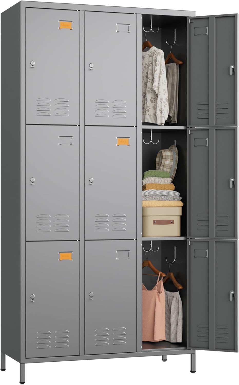 9 Doors Metal Storage Lockers for Employees with 27 Hooks,72" H Employee Lockers with Business Card Holder for Offices School Gyms Home,Assembly Required,Dark Gray