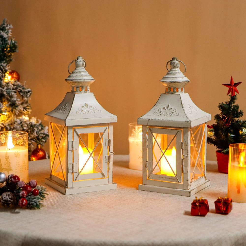TRIROCKS Set of 2 Decorative Candle Lantern 11'' High Metal Candle Holder Hanging Lantern Perfect for Home Decor Halloween Living Room Parties Events Tabletop Indoors Outdoors (White with Gold Brush)