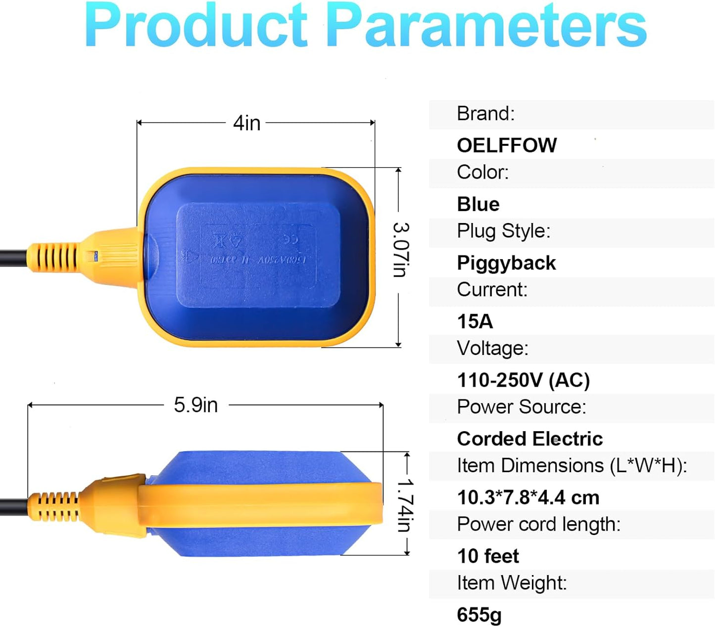 (With Counterweight) Sump Pump Universal Tethered Float Switch AC 15A 110~250V Piggyback Style Plug with 10 Feet Cord, Used in Sewage Pump, Water Tank, Septic Tank Pump, etc.