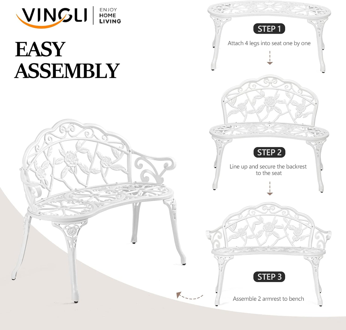VINGLI 38.5" Patio Park Garden Outdoor Metal Rose Bench,Cast Iron Cast Aluminium Frame Antique Finish Chair,Accented Lawn Front Porch Path Yard Decor Deck Furniture for 2 Person Seat（White