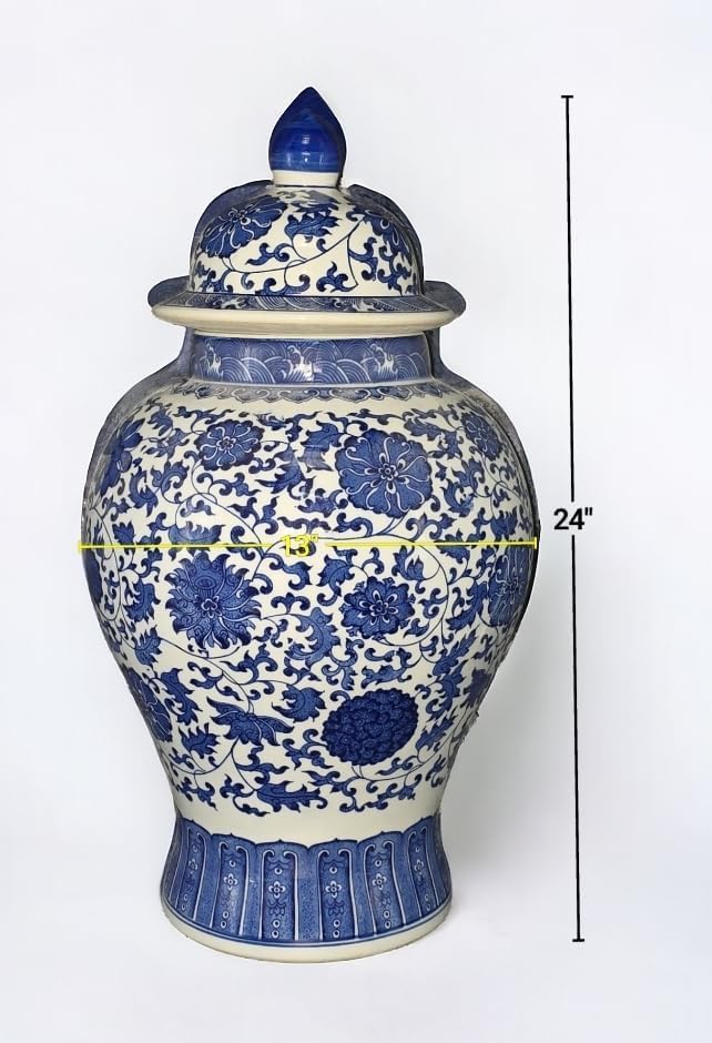 24" Classic Blue and White Floral Porcelain Ceramic Temple Ginger Jar Vase, Large China Qing Style (Blue and White 24-5)
