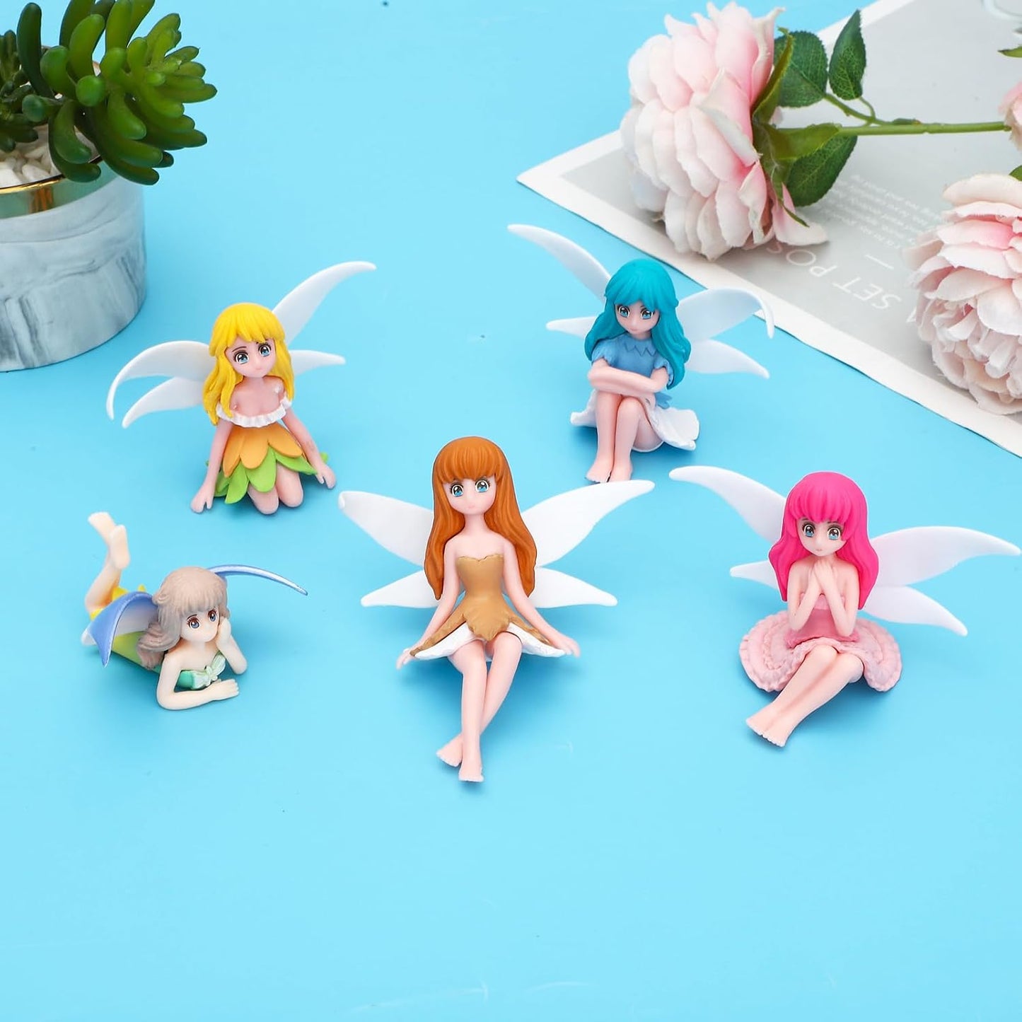 ONEST 5 Pieces Miniature Fairy Garden Accessories Small Fairy Figurines Hand Painted Fairies Figures Girl Fly Wing Figurines for Car Decor Fairies Garden Flower Pot Birthday Cake Topper