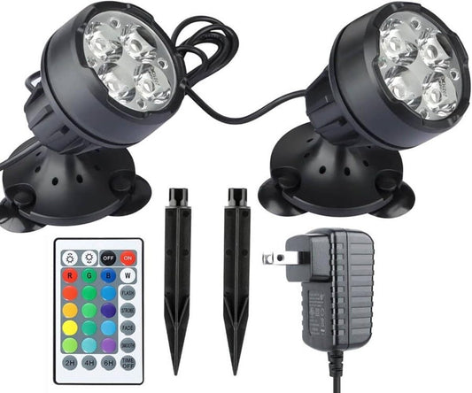 Pond Lights Submersible Outdoor Spotlights with Timer, Color Changing Fountain Light Waterproof Dimmable with Spiked Stand for Pond Fountain Waterfall Pool Landscape(Set of 2)