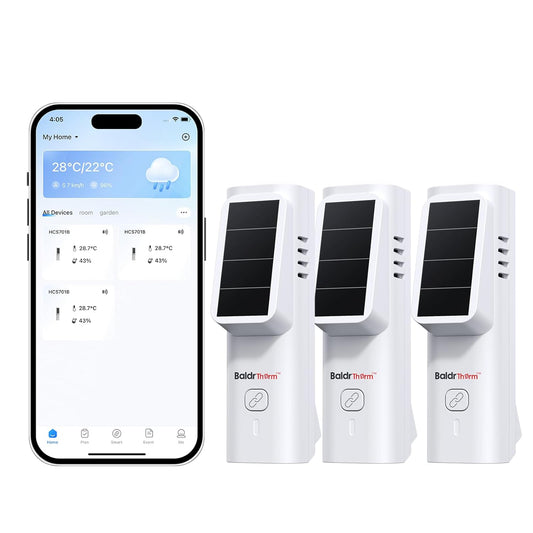 Solar Bluetooth Temperature & Humidity Monitor, Wireless Thermometer with Date Storage, Real-Time Alerts, 262 Feet Connecting Range, Apply for Room Greenhouse, Pet Cages, 3pack