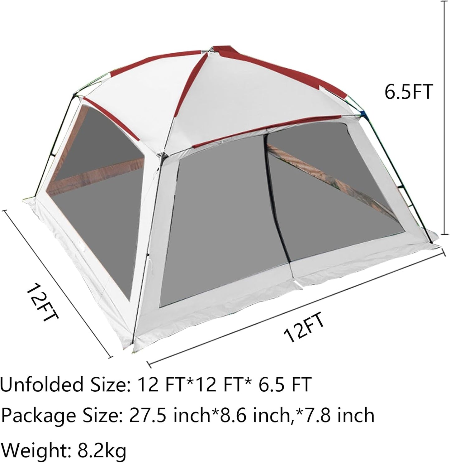 12x12 Ft Screen House Tent - Instant Pop Up Mesh Canopy Shelter with Waterproof & Sunshade Roof, Easy Setup for Camping, Backyard, Beach, Picnic, Red White