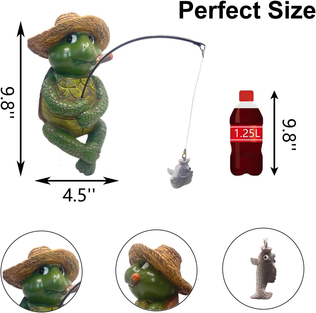 Tortoise Fishing Statue Garden Decor，9.8" Weatherproof Resin Tortoise Fishing Sculpture Decor for Fish Ponds, Koi Ponds, Waterfalls, Poolside Outdoor Gardens Resin Figurine for Indoor Outdoor Décor