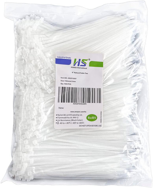 HS Clear Zip Ties 6 Inch Small (Bulk 1000 Pack) 18 LBS Self Locking Zip Ties White Nylon Ties Thin,Strong and Durable