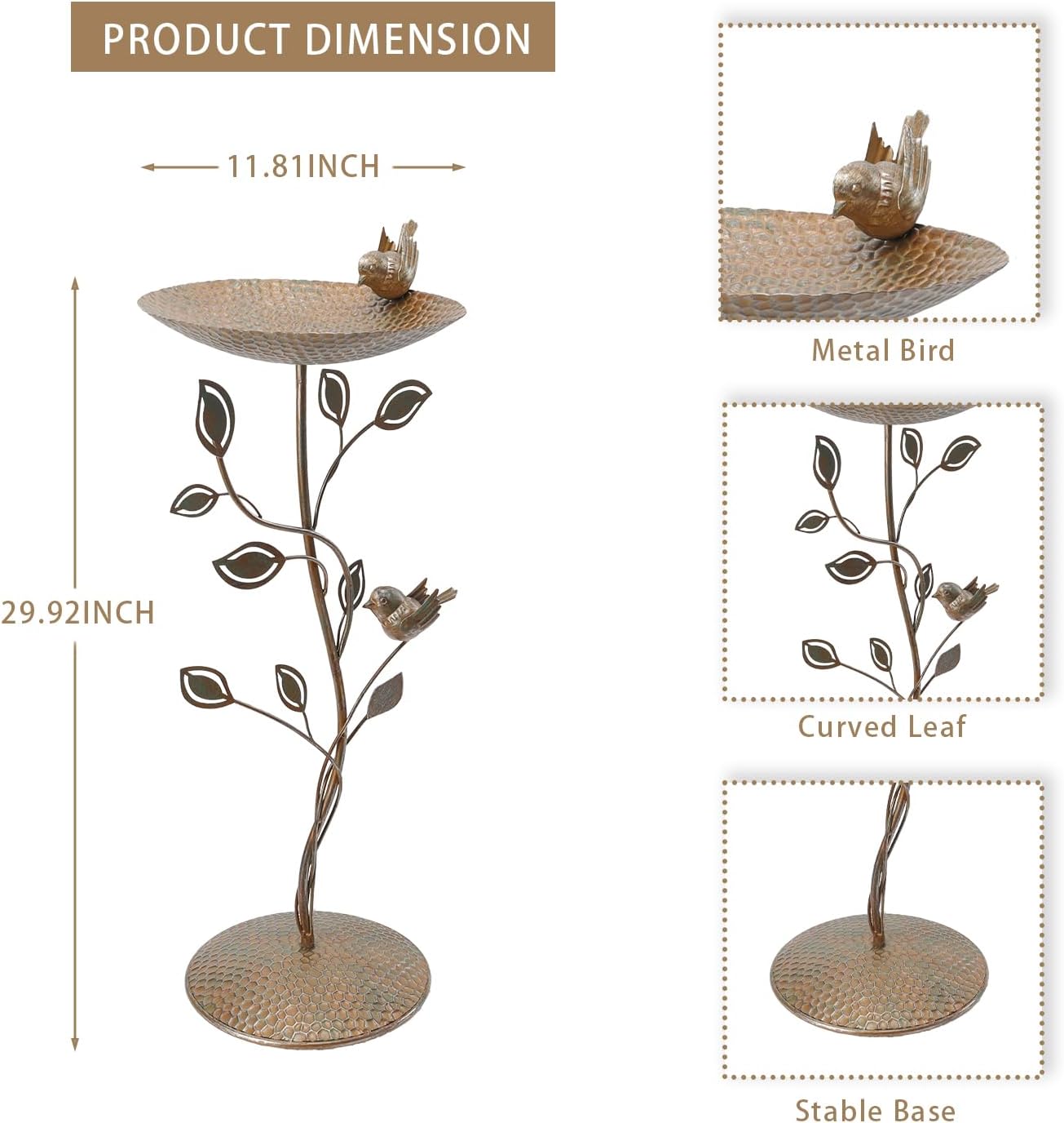 29.9" H Cast Iron Bird Baths for Outdoors, Vintage Pedestal Bird Bath with Bird Statues Metal Birdbaths Bird Feeder Bowl Tray Garden Yard Decoration, Copper