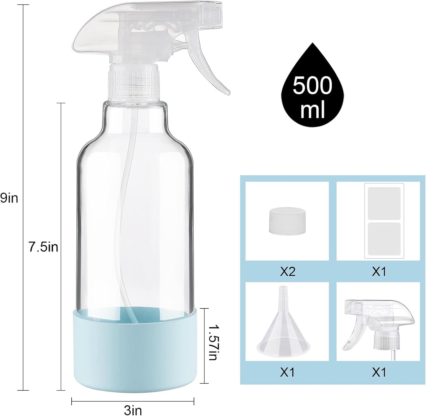 Glass Spray Bottles with Silicone Sleeve, 2 Pack 16.9oz Refillable Containers with Adjustable Spray Nozzles, Empty Spray Bottle for Cleaning Solutions, Hair, Plants (Light Blue+Purple)