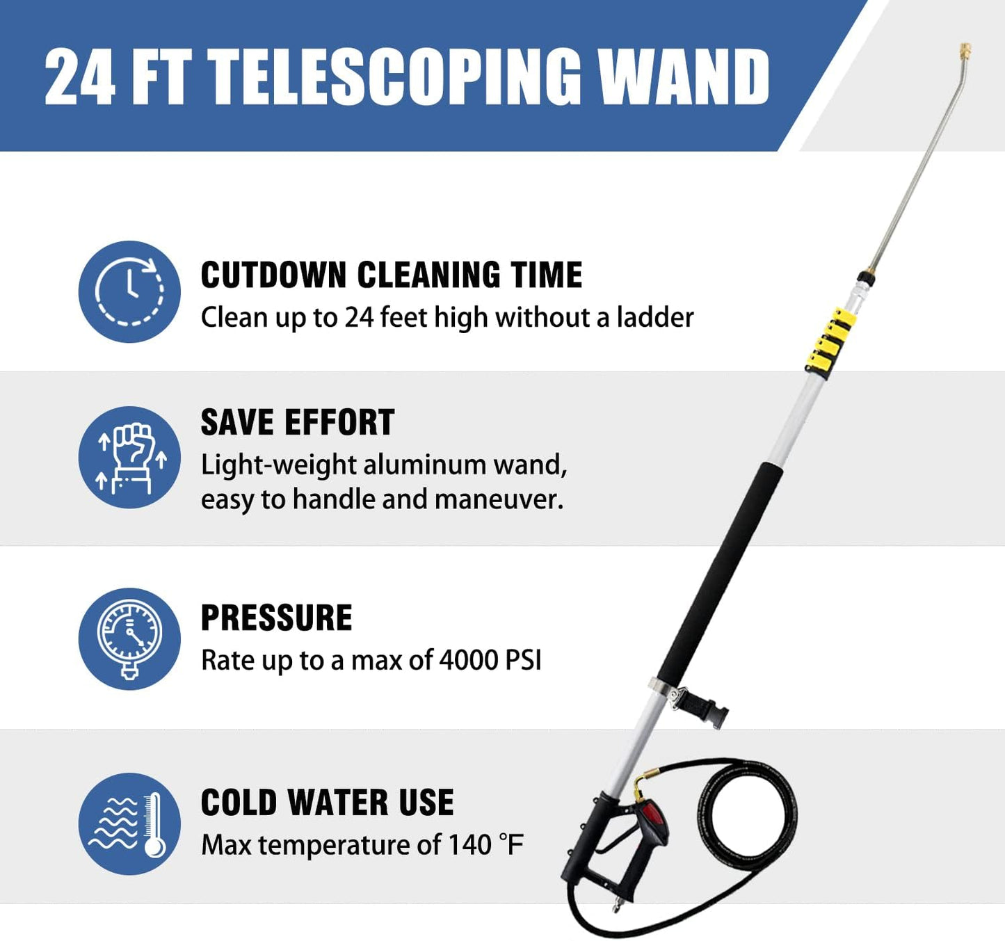 JANZ 24 FT Pressure Washer Telescoping Wand with Power Washer Extension Wands, Brush Head, Gutter Cleaner, 7 Spray Nozzle Tips, 2 Hose Adapters and Support Belt TW-004