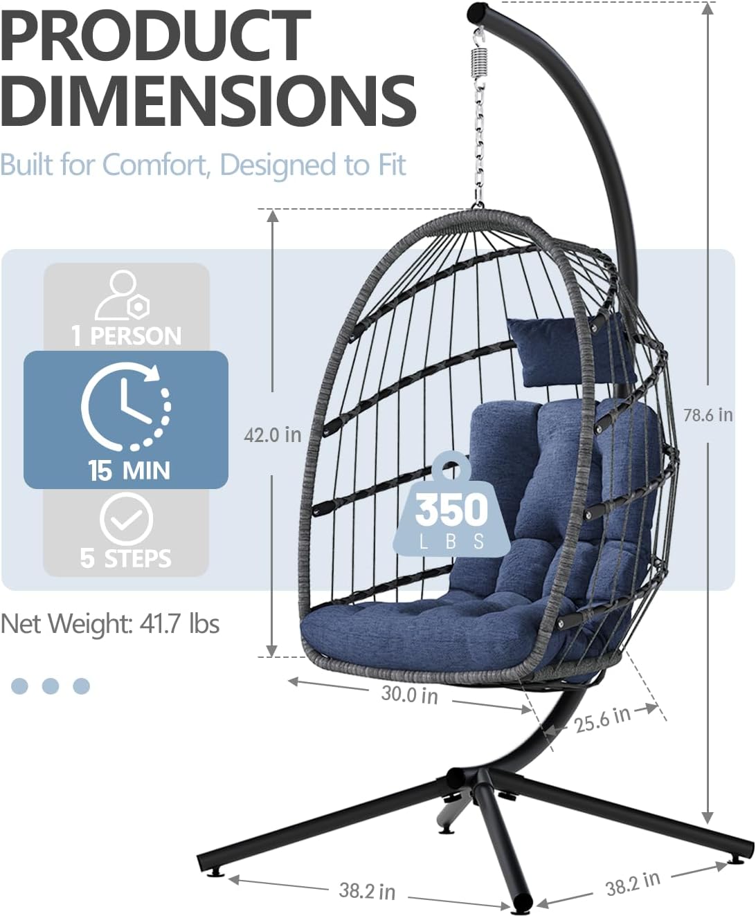 SWITTE Egg Chair Outdoor with Stand, Indoor Wicker Hanging Egg Swing Chair with Cushion, 350lbs Capacity for Patio, Bedroom, Garden - Dark Blue