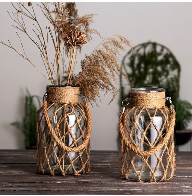 Set of 2 Rattan Hanging Mason Vase - Decorative Jars With Rope for Wedding Party Table Sea Beach Decor (2 Vases 8'')