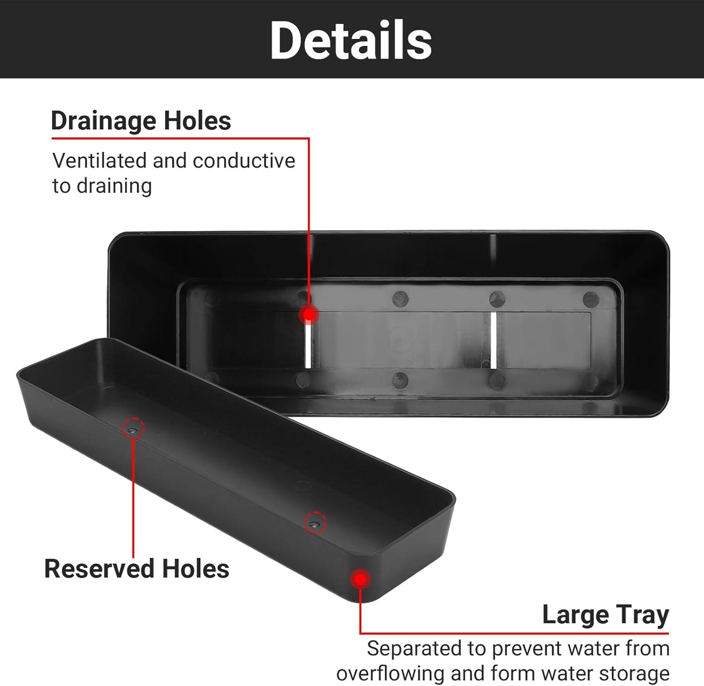 GREANER 6 Pack Herb Planters, 12x3.8 Inch Black Rectangle Window Boxes with Tray, Indoor Succulent Cactus Mint Plastic Pot for Windowsill, Balcony, Office, Outdoor Garden