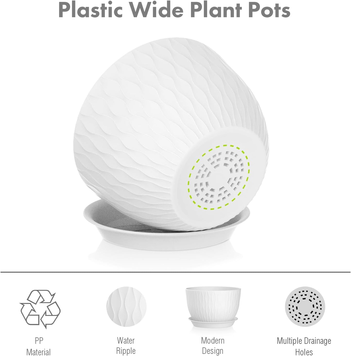 12/10/9 inch Large Plant Pots, 3 Pack Wide Flower Pots for Outdoor Indoor Plants with Water Ripples, Big Plastic Planters with Drainage Holes and Saucers for Garden House Plants, White