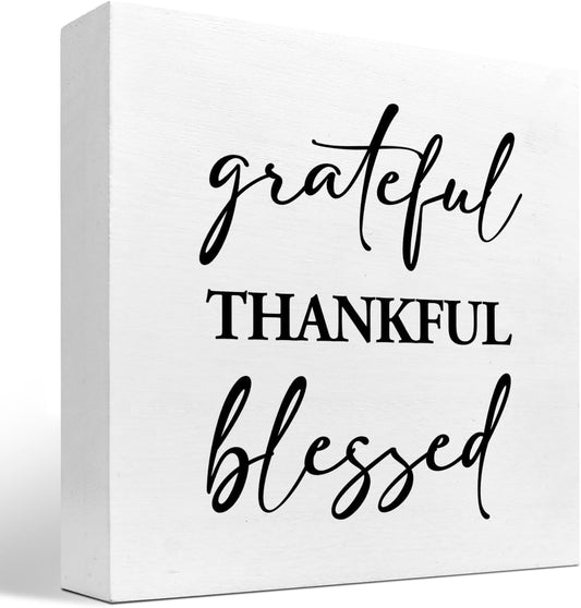 Grateful Thankful Blessed Motivational Wood Box Sign,Inspirational Wooden Block Sign for Home Bedroom Farmhouse Wall Shelf Table Decor