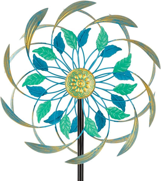 Metal Wind Spinners Outdoor,13'' Dia Green Double Wind Spinner & Sculpture,Waterproof Garden Windmill for Yard Art Decorations