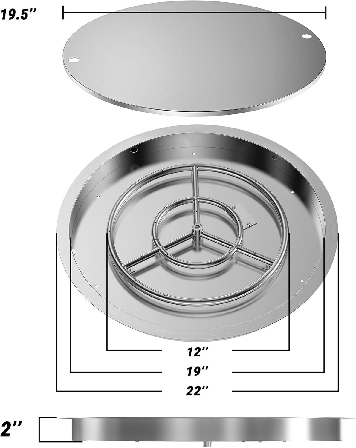 Skyflame 19 Inch Round Stainless Steel Drop in Fire Pit Pan Fire Bowl with Burner Ring and Protective Cover
