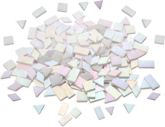 Lanyani Glass Mosaic Tiles for Art Crafts,4 Shapes Mixed Tiffany Stained Glass Pieces,200 Pieces,Square/Rectangle/Diamond/Triangle,Iridescent White