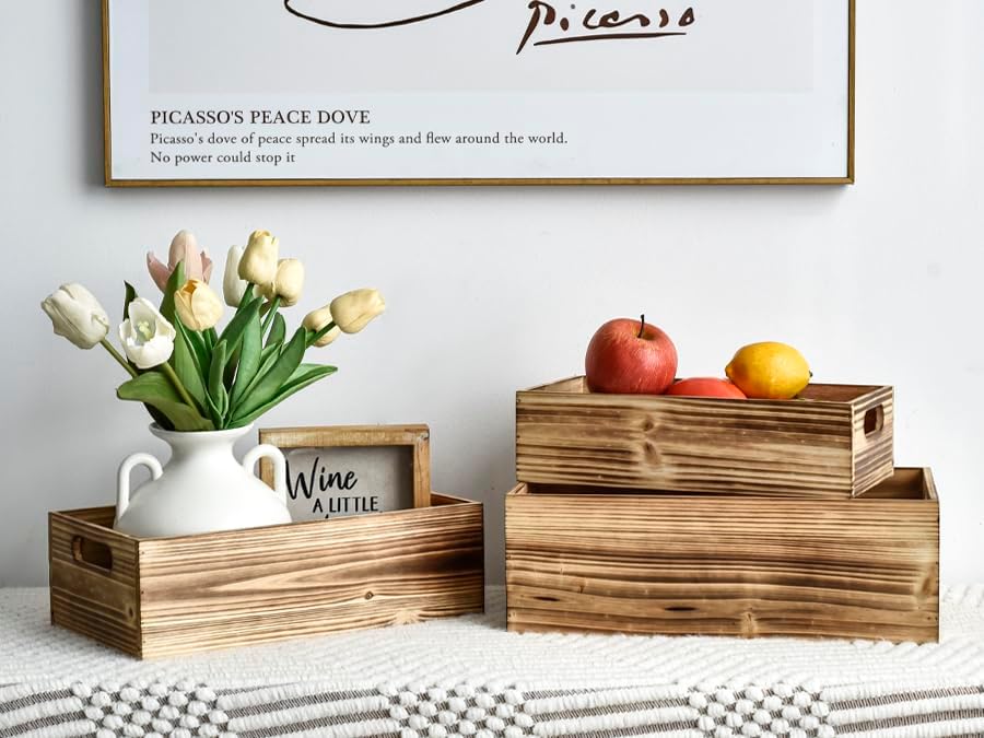 Set of 3 Wooden Boxes for Storage Small Torched Brown Wood Crates for Display and Organizing, Farmhouse Style Storage Boxes for Crafts Decor, Home Pantry and Living Room