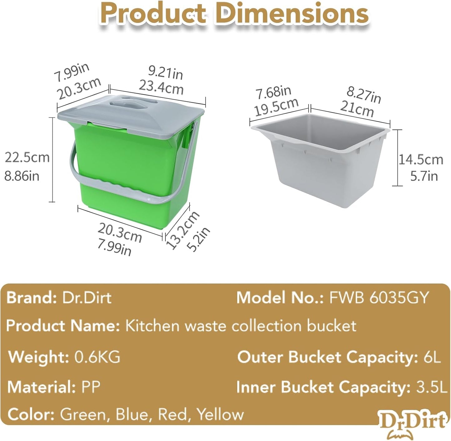 DrDirt Kitchen Compost Bin, 6L / 1.58 Gal Kitchen Compost Bin Countertop with Inner Sieve for Liquid Separation, Odor-Control, Easy to Clean, for Cooking Family and Home Party, Green