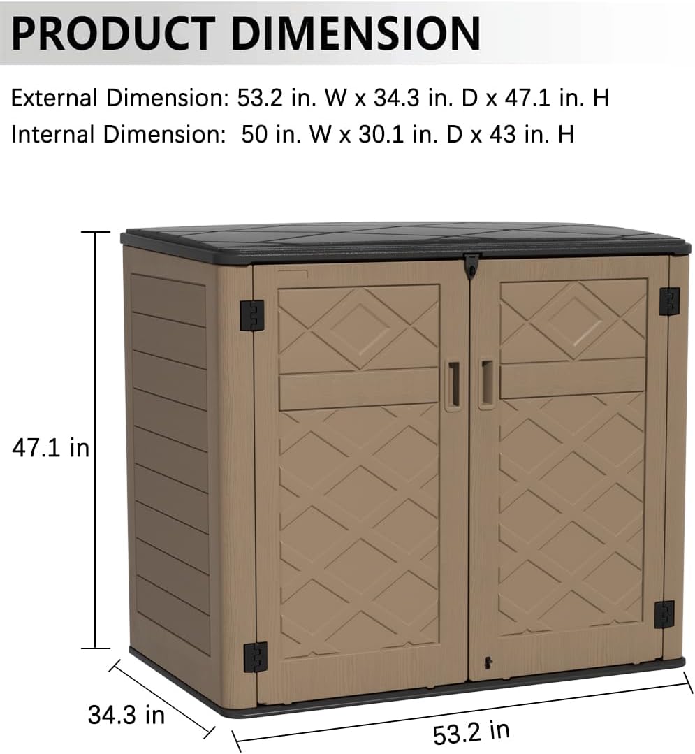KINYING Larger Outdoor Storage Shed Weather Resistance, Resin Sheds & Outdoor Storage for Garden, Patios, Backyards, 48 Cu.Ft Tool Shed for Garbage Cans, Lawn Mower, Garden Tools,Brown