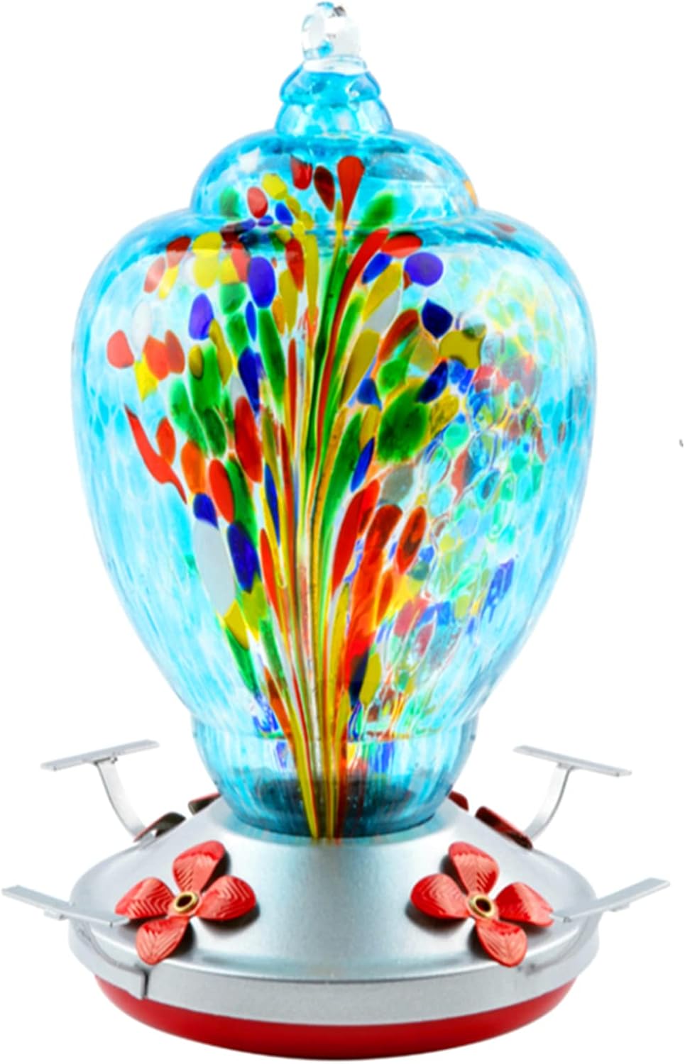 WOSIBO Hummingbird Feeder for Outdoors Patio Large 32 Ounces Colorful Hand Blown Glass Hummingbird Feeder with Ant Moat Hanging Hook, Rope, Brush and Service Card (Blue-Firework)