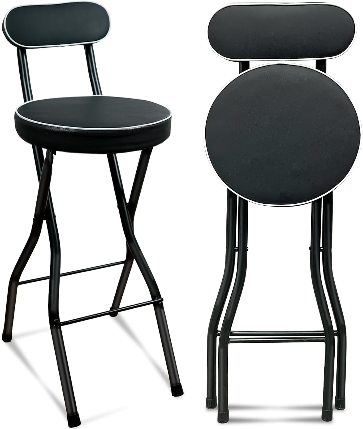 UWEAR 1 PCS Folding Bar Stool with Back, Tall Foldable Stool Leather Padded Portable Stools Counter Height Foldable Stools Chairs Collapsible Stool for Adults Kitchen Island (Black)