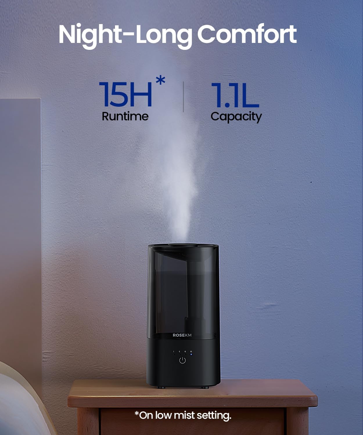 Humidifiers for Bedroom (1.1L), Small Cool Mist Humidifier for Home Plant and Baby Nursery, Quiet Ultrasonic Humidifier with 360° Nozzle, Auto Shut-Off, Filterless, Black