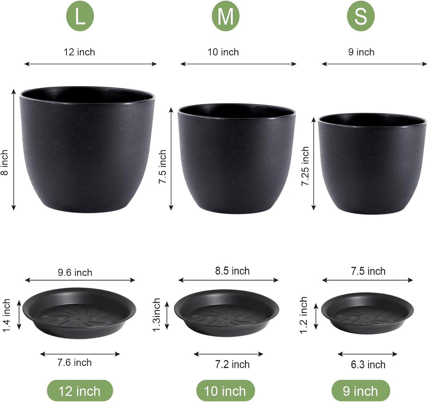 12/10/9 inch Big Flower Pots, 3 Pack Modern Decorative Plastic Planters with Drainage Holes and Tray, Plant Pots for Indoor Outdoor Plants, Black
