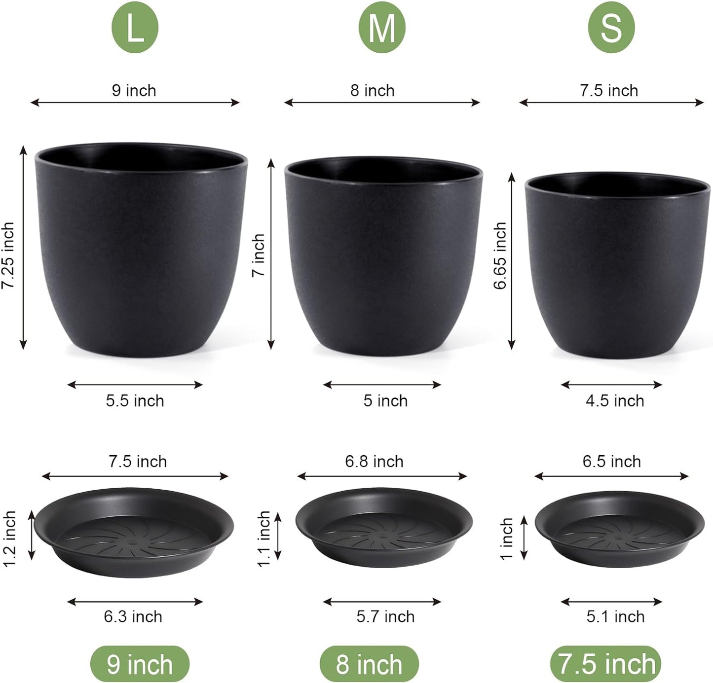 Modern Plant Pots Set, 9/8/7.5 inch Plastic Planters for Indoor Plants, Stylish Flower Pots with Drainage Holes and Saucers for House Plants and Flowers, Black