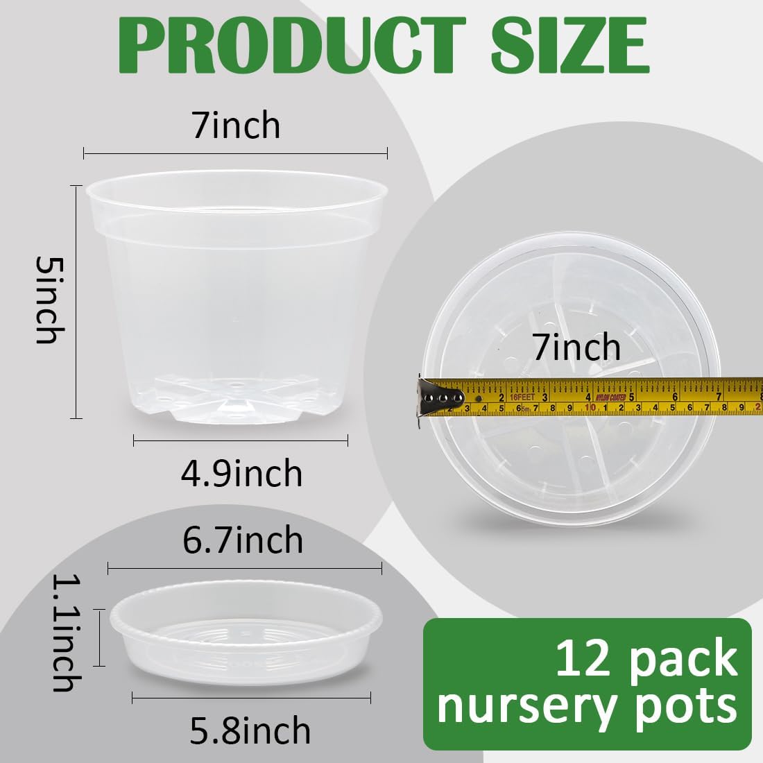 12 Pack 7 Inch Clear Nursery Pots with Saucer, Transparent Plastic Plant Pots with Drainage Holes, Sturdy Plant Starter Pots, Planter Pot for Planting Succulent Flower Herb Vegetable, Gardening Gifts